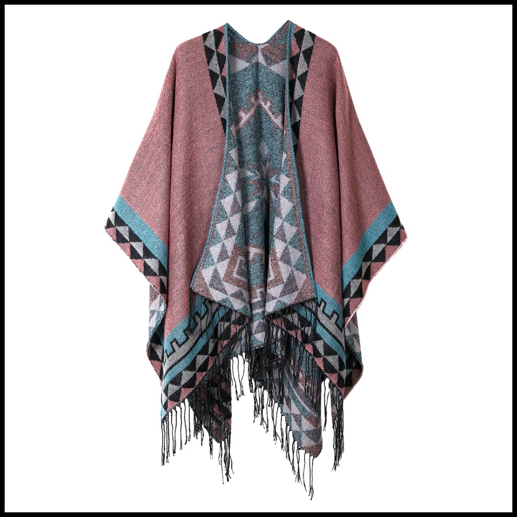 Printed Tassel Poncho Cape Cardigan Wrap Shawl Open Front Reversible